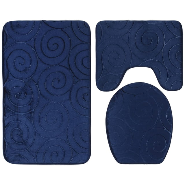 Juego de 3 Alfombrillas de Baño Antideslizantes, Fibra de Poliéster, Azul Marino, Incluye Alfombrilla de Contorno y Cubierta para Tapa de Inodoro