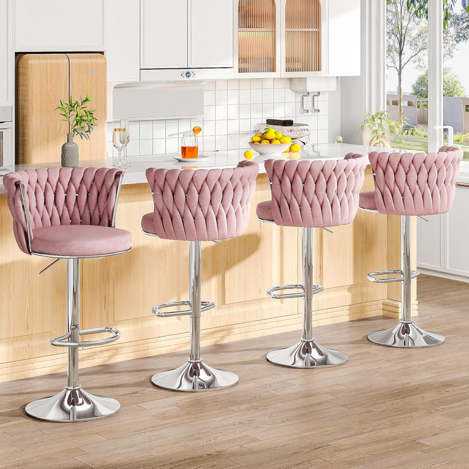 LinkRomat Velvet Bar Stools Set of 2,Swivel Counter Height Bar Stools with Backrest and Footrest,for Kitchen Island Dining Chairs,Pink