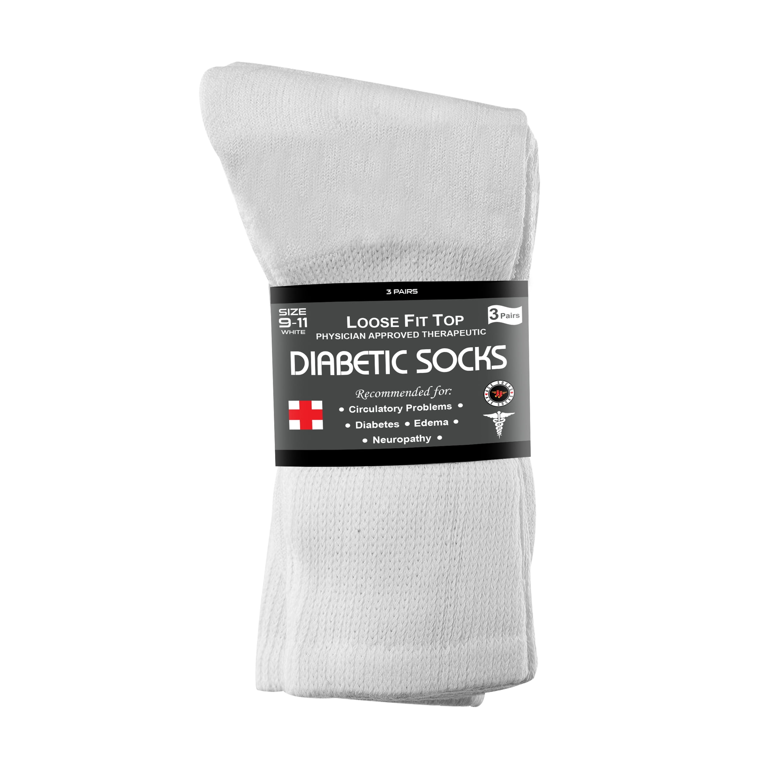 Diabetic Socks Men's & Women Crew Style Physicians Approved Socks, 3 Pairs, Size 911 (White