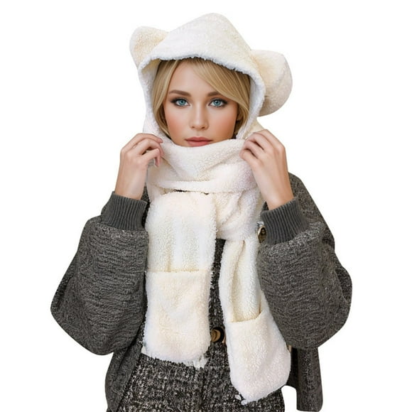 Women's Cartoon Cute Bear Hat Scarf Autumn Lightweight Warm Comfortable Ear Surround Connect Hat Gloves Scarf
