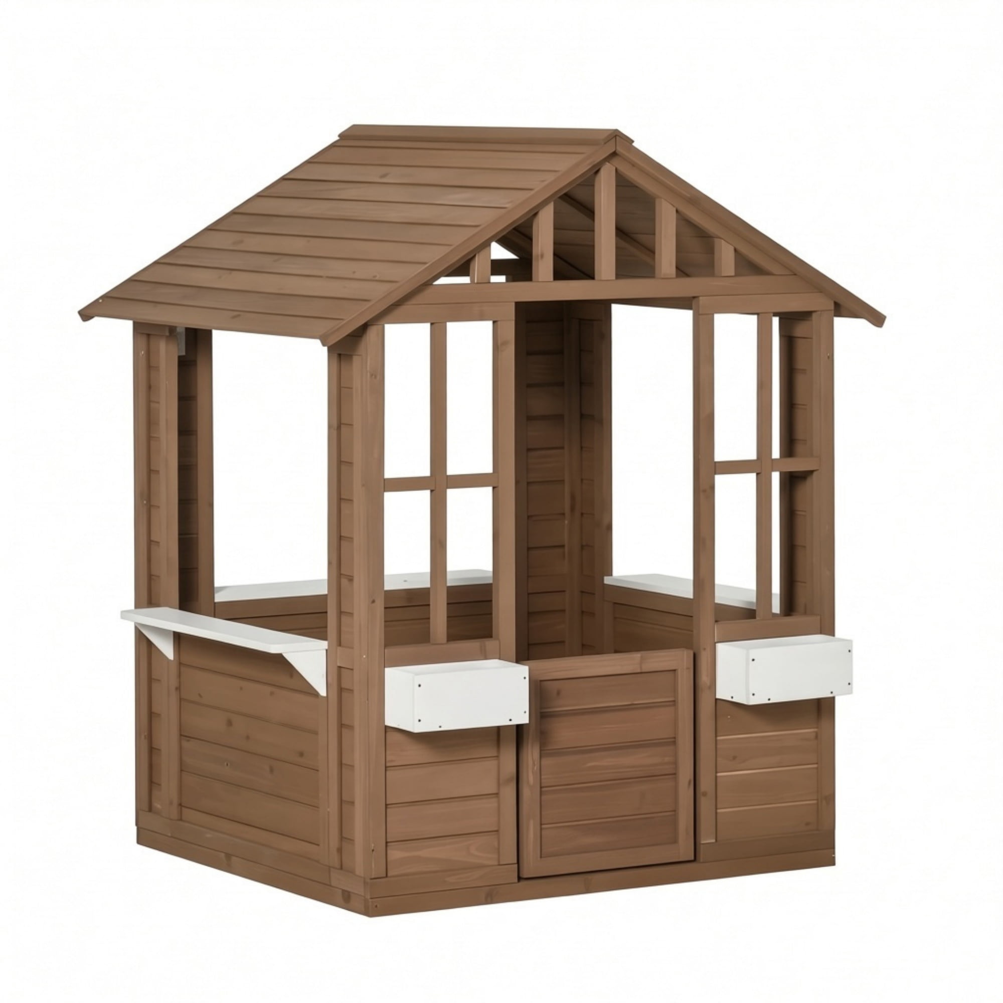Kids Wooden Outdoor Playhouse, Garden Cottage with Flower Pot Holder & Working