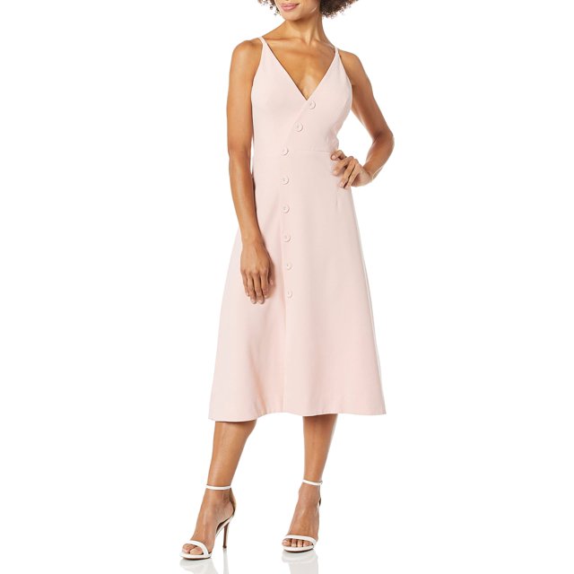 Dress the Population Women's Emily Sleeveless FIT & Flare Button Detail MIDI Dress Dress, Powder Blush, M