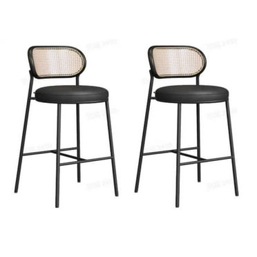 VASAGLE Bar Stools Set of 2, Counter Height Bar Stool with PE Rattan Back, Synthetic Leather Upholstered Stools for Kitchen Island Dining Room, 25.1-Inch Bar Chairs, Ink Black