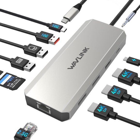 Docking Station Dual Monitor, WAVLINK Displayport Docking Station with Dual DP, HDMI, 100W PD in, 10Gbps USB A/C, 2.5G Ethernet Port for Dell/HP/Leno