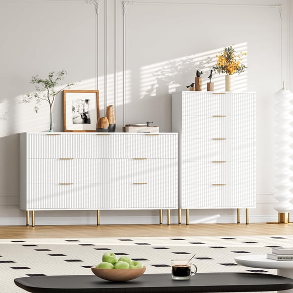 Modern Fluted 5 Drawer Dresser - Wide Wooden Chest with Metal Handles - Tall Storage Cabinet for Living Room, Hallway, Entryway - White