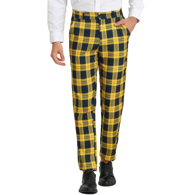 INSPIRE CHIC Men's Business Plaid Lightweight Regular Fit Flat Front Checked Pants 34 Navy Yellow