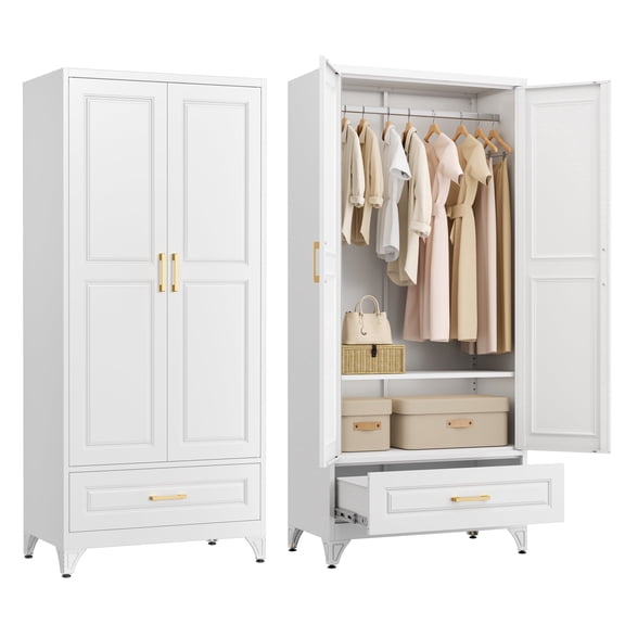 UNICOLY 71" Metal Armoire Wardrobe Closet with Drawer, Tall Clothing Storage Cabinet with Adjustable Shelves and Hanging Rod,White Wardrobe Closet