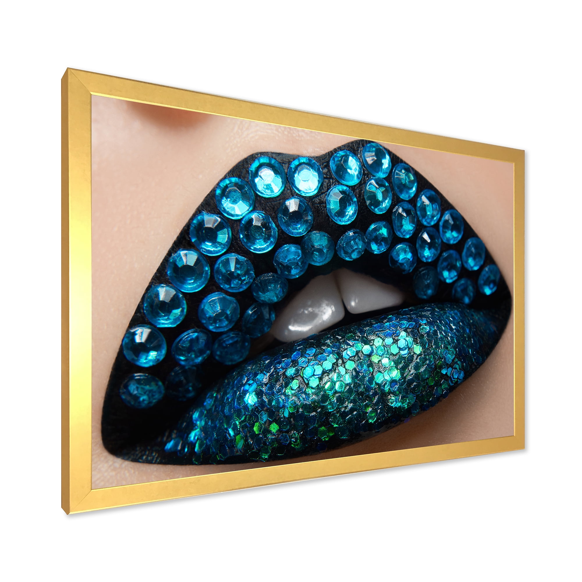 Designart 'Woman Lips With Black Lipstick Blue Diamonds' Modern Framed Art Print