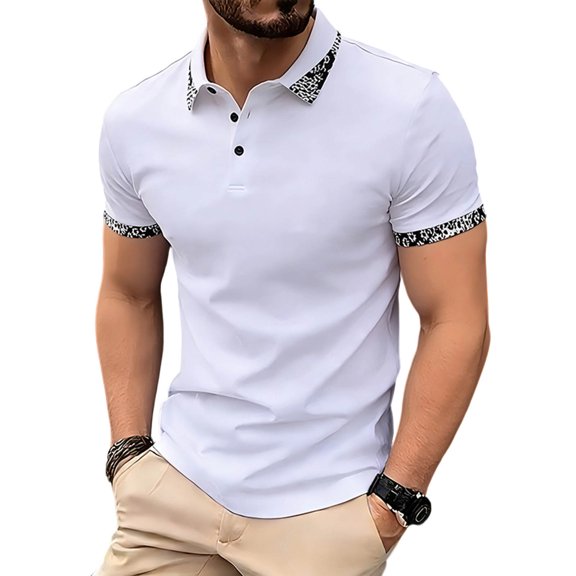 VEKDONE Men's Golf Shirt Casual Short Sleeve Button Up Collared T-Shirt with Leopard Print Trim Summer Business Work Shirts White M