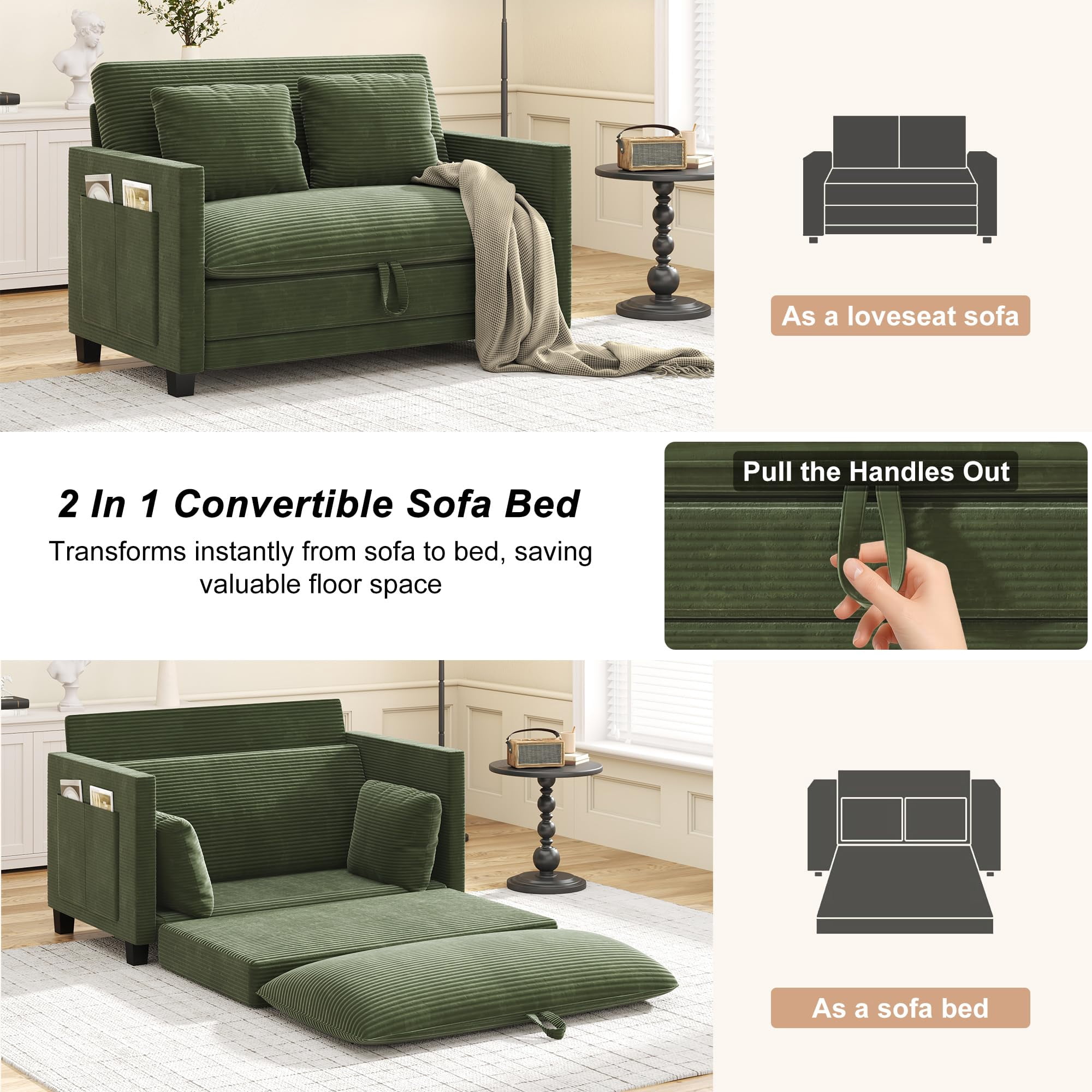 ANPOO 51 Inch Convertible Sofa Bed, 2-in-1 Folding Loveseat with Storage Pockets, 2 Pillows & Removable Cover, Modern Corduroy Sleeper Sofa for Small Spaces, Apartment and Living Room