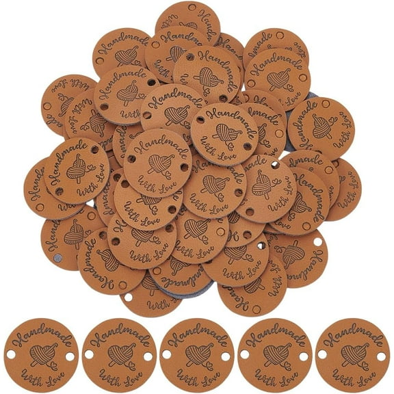 60pcs Handmade Tags 25mm Embossed Tag Round Imitation Leather Labels with Heart Crochet Tags for Handmade DIY Crafts Hats Clothing Knitting Sewing