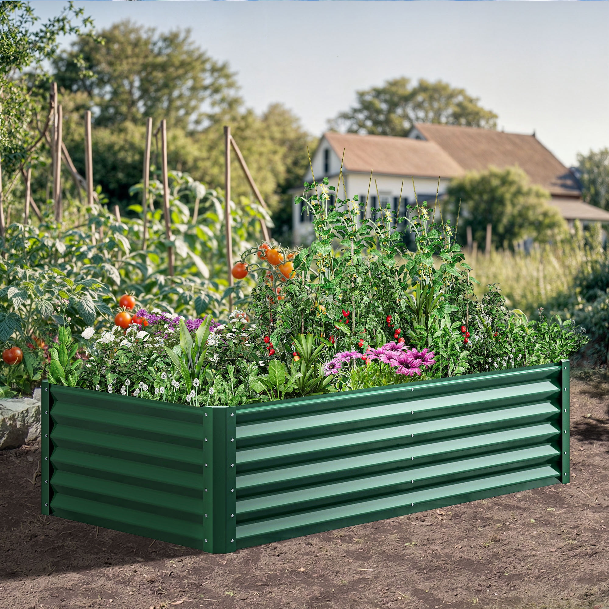 Uforic 2PCS 6X3X1.5FT Galvanized Metal Raised Garden Bed Kit with Gardening Gloves, Outdoor Large Planter Box for Vegetables Flowers Herbs Fruits, Green