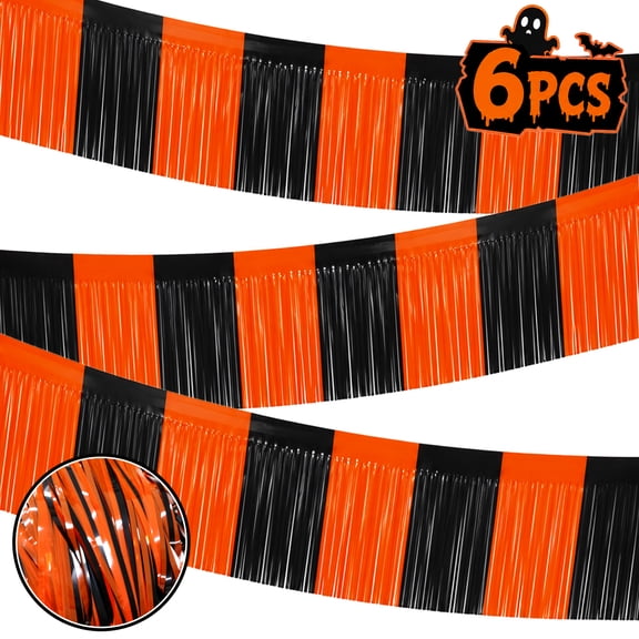 Halloween Foil Fringe Banner, Plastic Tinsel Streamers Garland for Party Backdrop Trunk or Treat Parade Float Décor Orange and Black Stripe