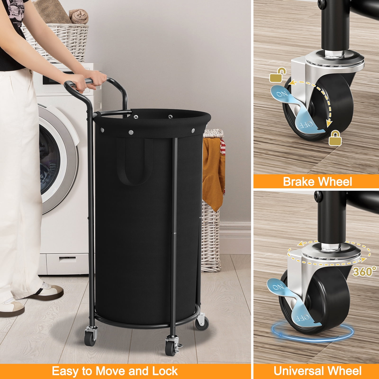 BGTREND 110L Rolling Laundry Hamper with Removable Bag, Round Steel Frame and Handle, Black