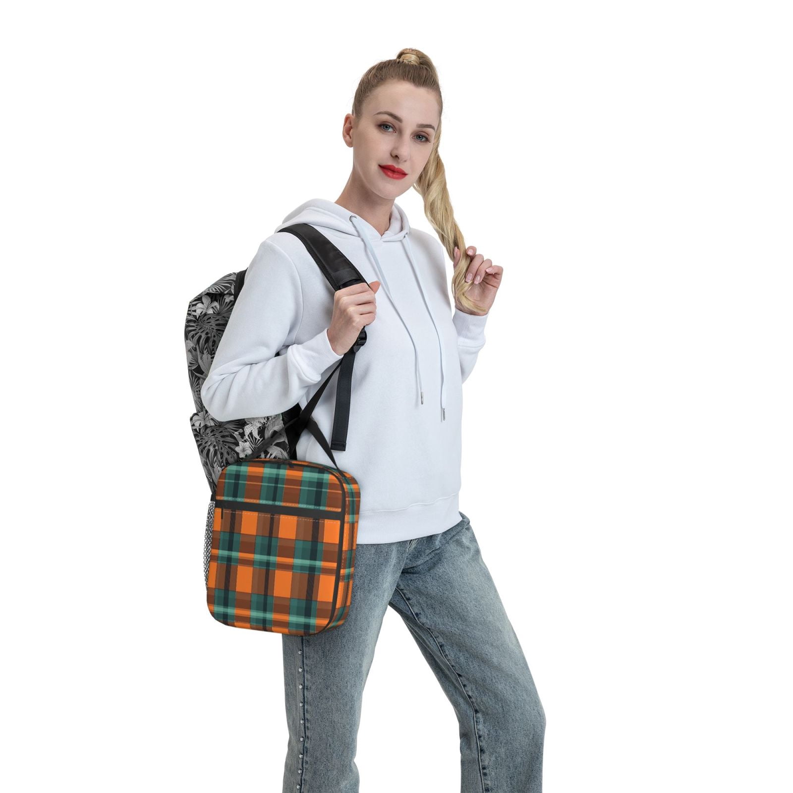Lunch Bag For Women Men Insulated Portable Lunch Box Bento Box Office Picnic Travel Cooler Bag Orange And Blue Checkered Pattern