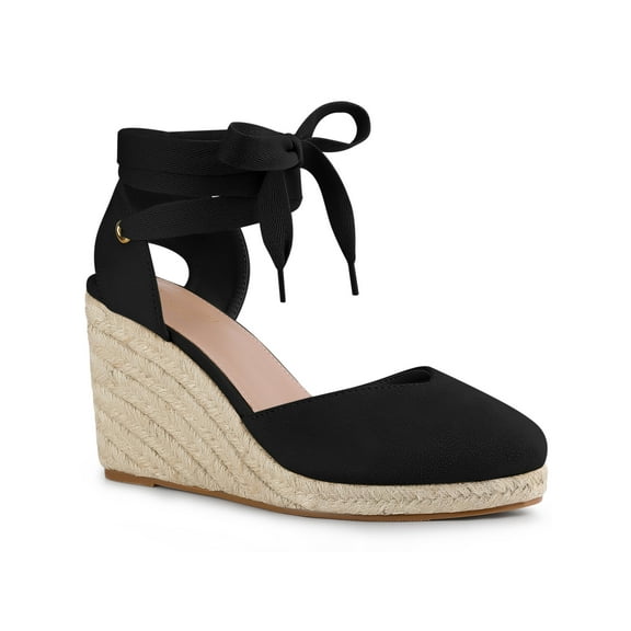 BLISSFUL STEP Women's Espadrille Lace Up Platform Wedge Heels Sandals Black 7