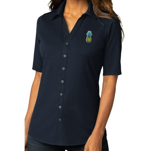 Womens Pineapple Patch Button-Down Stretch Shirt, Small River Blue
