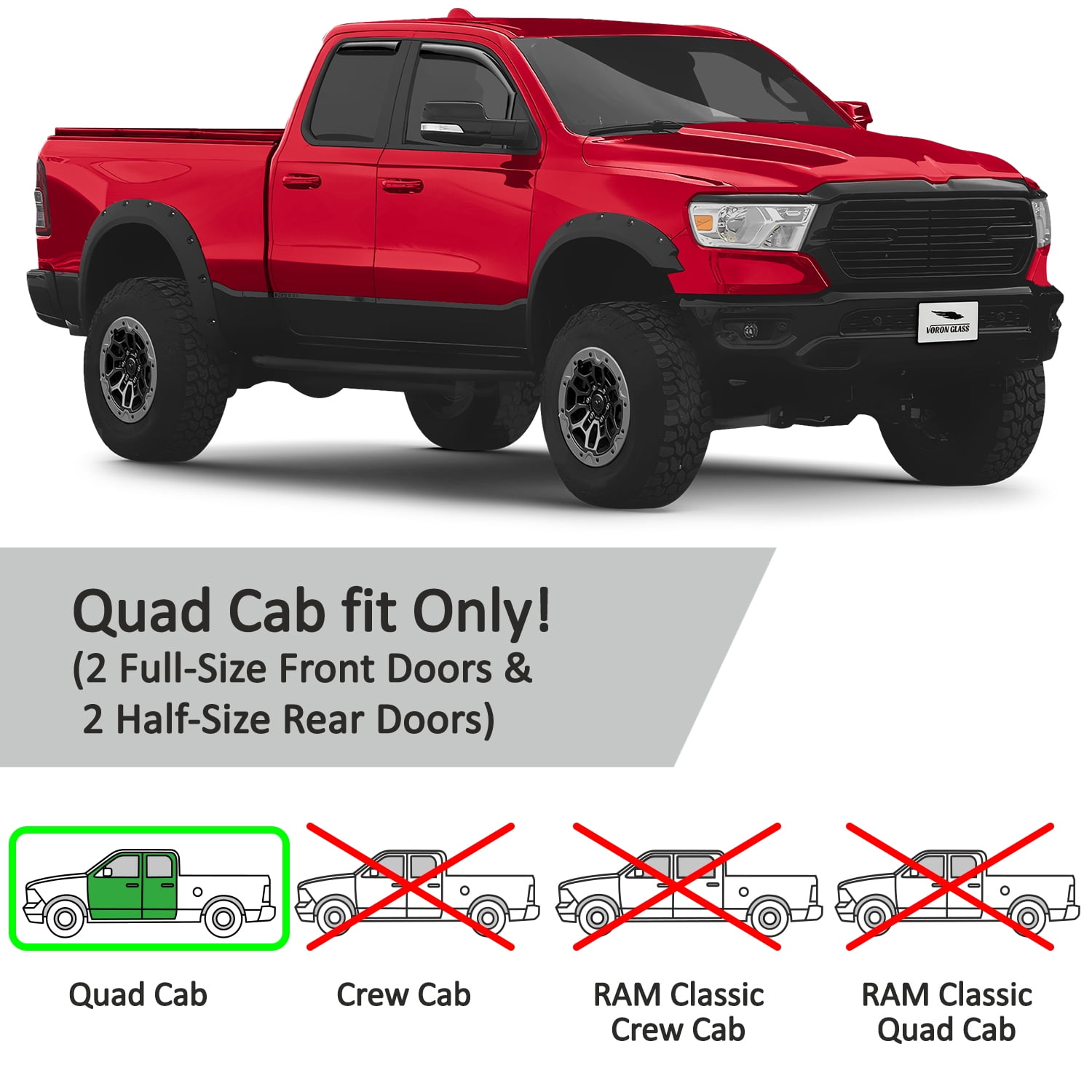 Voron Glass in-Channel Extra Durable Rain Guards for Trucks Dodge RAM 1500 2019-2026 Quad Cab, Window Deflectors, Vent Window Visors, 4 Pieces - 230088
