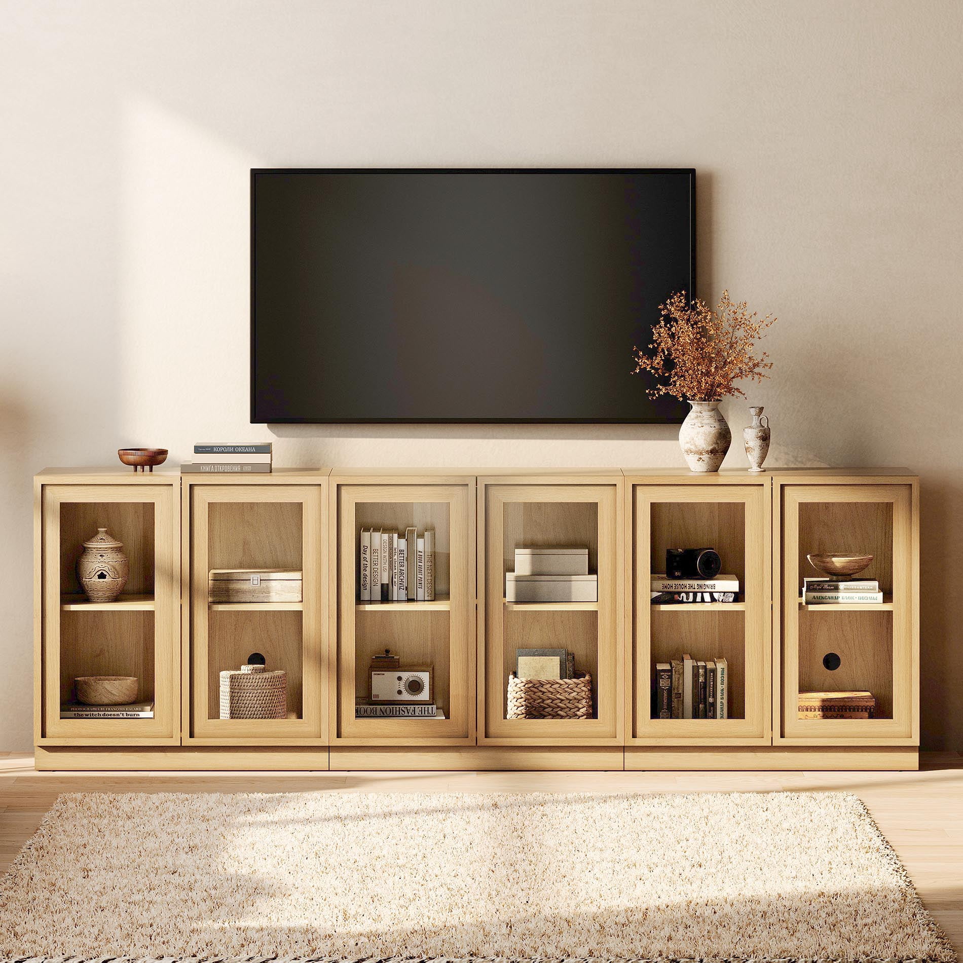 WAMPAT Modern TV Stand for TVs Up to 100", 3-in-1 Entertainment Center TV Console with 6 Glass Doors and Adjustable Shelf, Wooden Media Console Cabinet for Living Room, Bedroom, Oak