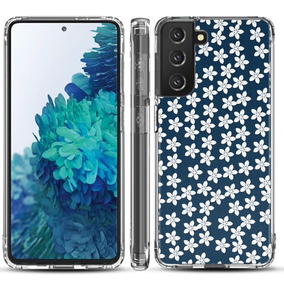 Shockproof Hybrid Bumper Phone Case for Samsung galaxy S21  5G / S21 Plus 5G, by OneToughShield ® - Flower/Blue