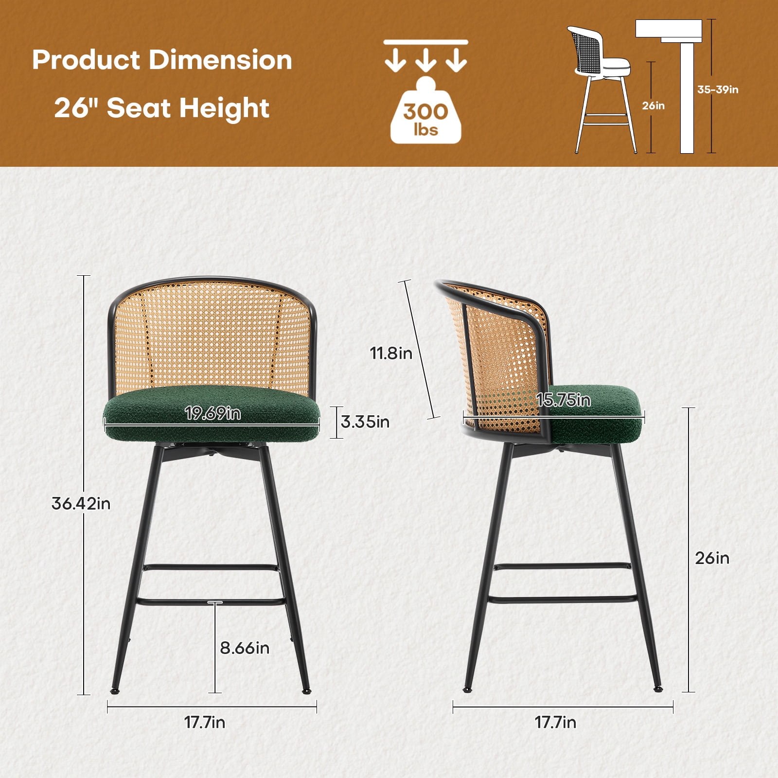 Foreate Cane Swivel Barstools Set of 2, 26" Seat Counter Height w/ Rattan Mid-Back Metal Legs, Upholstered Boucle Fabric Modern Armless Bar Stools Chairs for Kitchen Island Pub