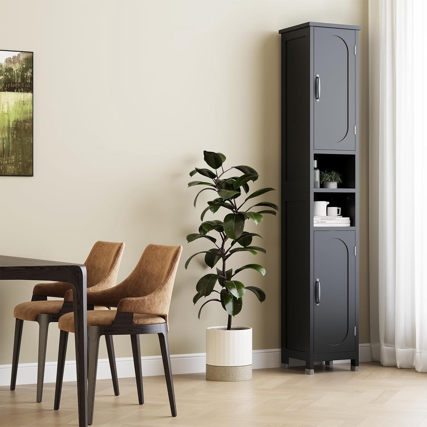 67" Tall Bathroom Storage Cabinet with Lights, Slim Narrow Bathroom Cabinet Organizer with Doors and Adjustable Shelves, Tall Cabinet for Small Space, Living Room, Kitchen, Black
