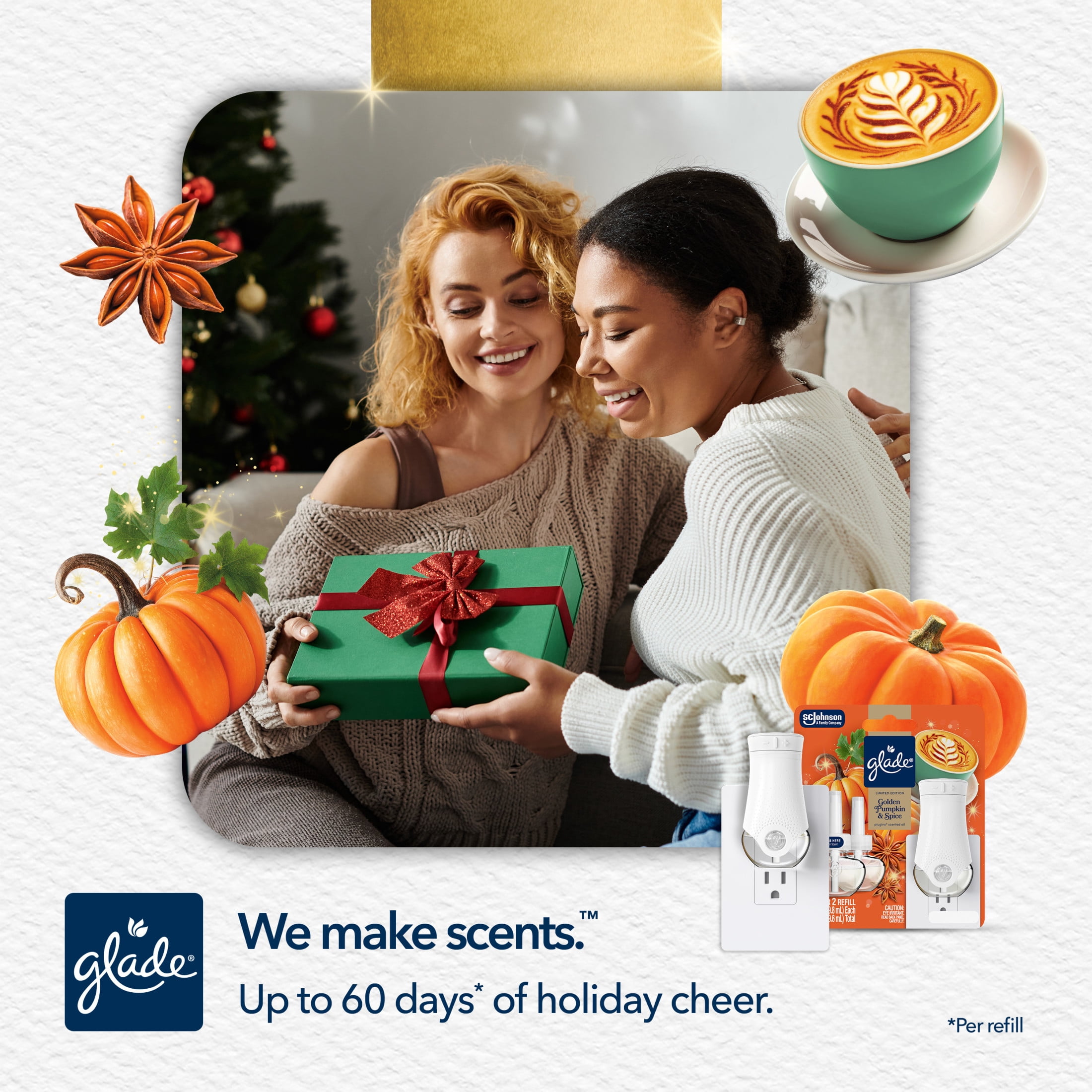 Glade® PlugIns® Starter Kit, Air Freshener, Golden Pumpkin & Spice, 1.34 fl oz, 1 Warmer + 2 Refills