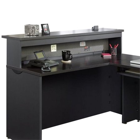 Sauder Via Reception Desk and Hutch in Black Bourbon Oak