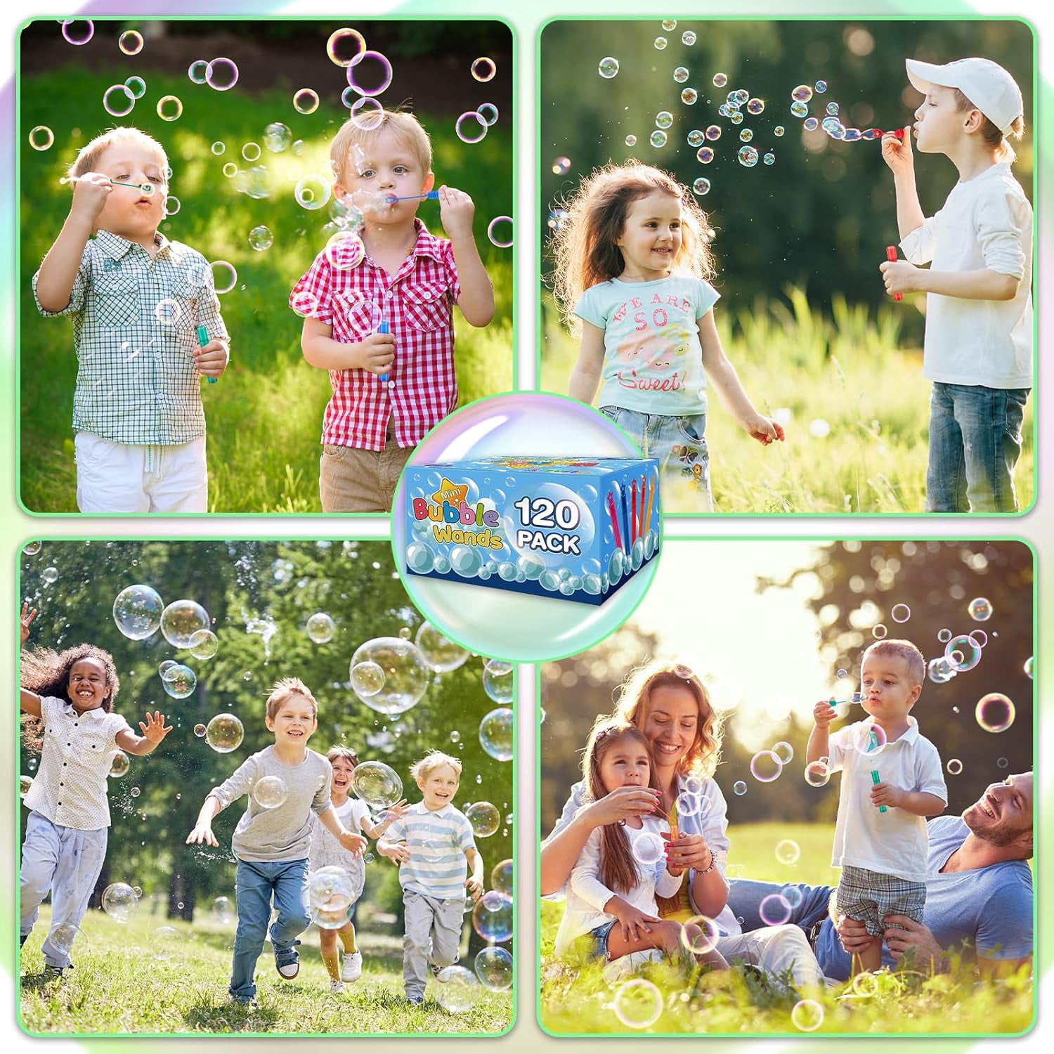 PRESS AND GO 120 Pcs Mini Bubble Wands in 6 Colors, Themed Birthday, Christmas, New Year, Valentine, Carnival