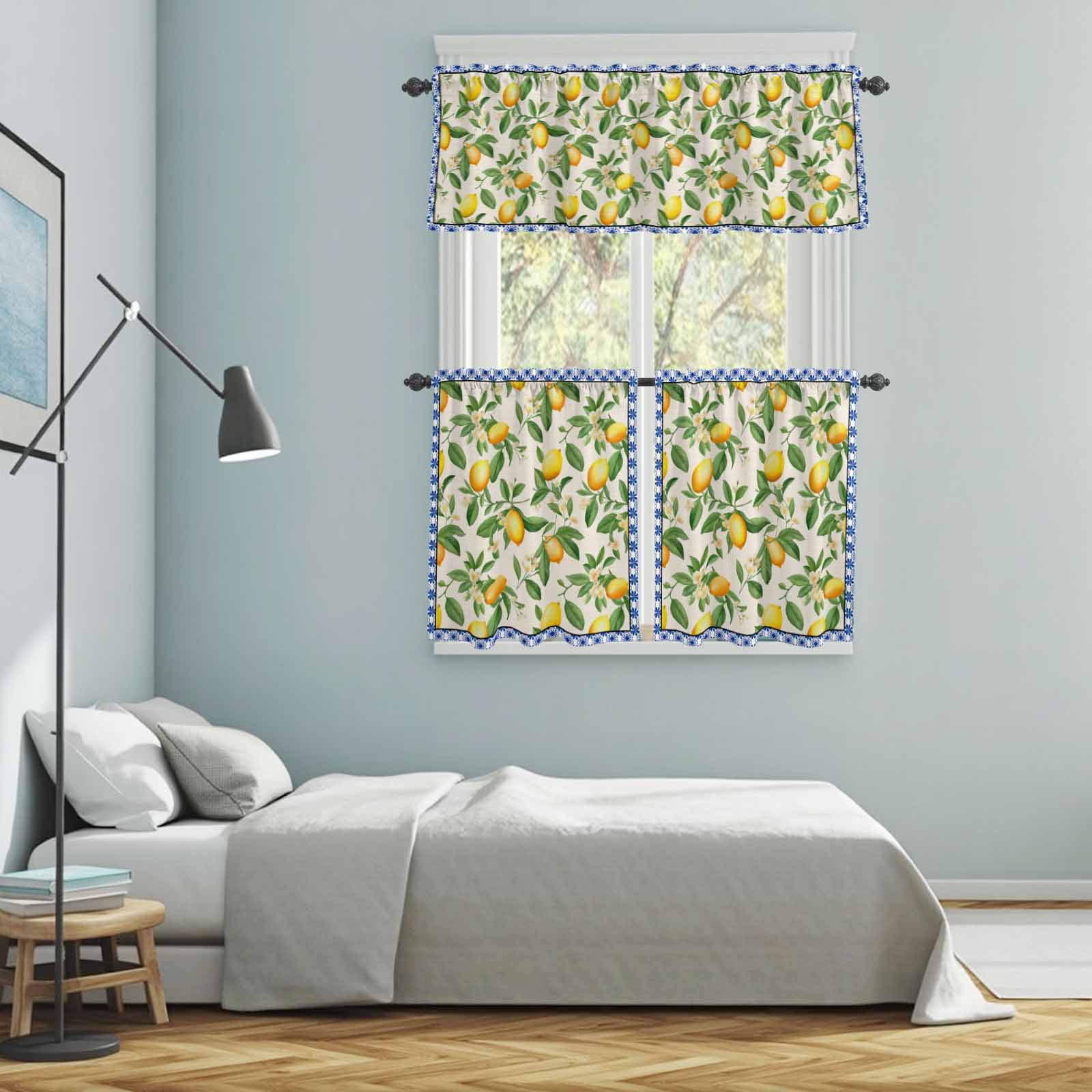 Lemon with Kitchen Curtains Valances 3 Piece Set, Leaves Blue Floral Pattern Linen Style Rod Pocket Tier Curtain and Valance Drapes for Small Window 36 Inch Length for Bedroom Cafe