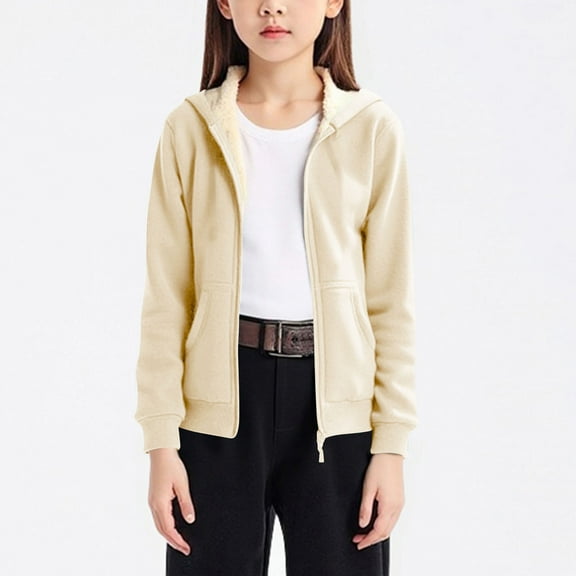 nerohusy Unisex Sherpa Lined Jackets Toddler Boys Girls Fleece Jacket Hoodie Zip Up Hooded Sweatshirt Kids Winter Warm Outwear 2025 Beige,7 Years