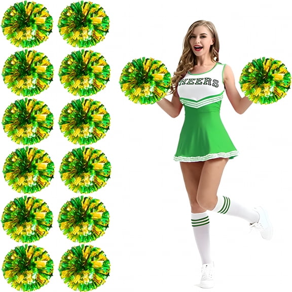 BESTSKY 12Pcs Cheerleading Pom Poms with Finger Holes Metallic Foil Cheer Pom Poms for Dance, Matches, Team Spirit Sports, Stage Performance, Carnival Celebration (Green Gold, Large)