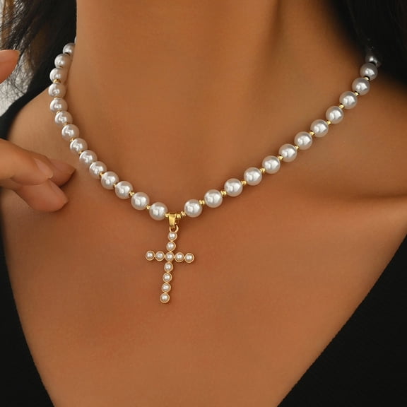 Faux Pearl Cross Choker Necklace for Women, Elegant Pearl Cross Pendant Necklace, Fashion Delicate Layering Jewelry Accessory