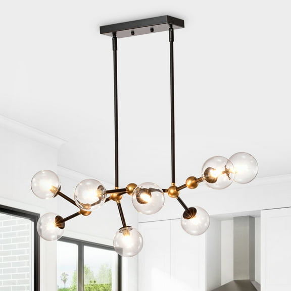 Enzo Matte Black Gold 8-Light Metal Abstract Chandelier w/ Clear Glass Globe Shades