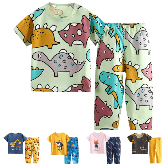 Lovzfmll 2-Piece Dino Print Crop Sleepwear Set, Short Sleeve Top & 7/8 Pants for Boys & Girls, Sleepwear Outfits for Toddler 1-2 Years