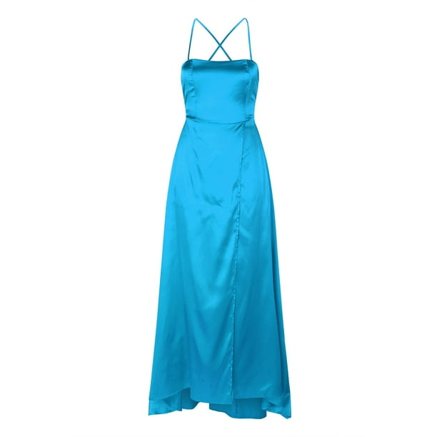 blue slip prom dress Spaghetti Straps Long Sheath Prom Dress With Split, Blue / 2