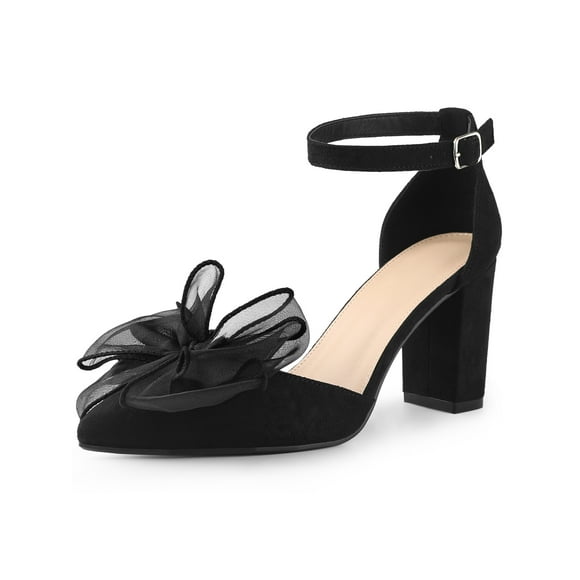 BLISSFUL STEP Women's Bow Knot Pointed Toe Block Heel Pumps Black 9.5
