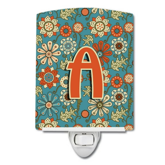 Letter A Flowers Retro Blue Ceramic Night Light