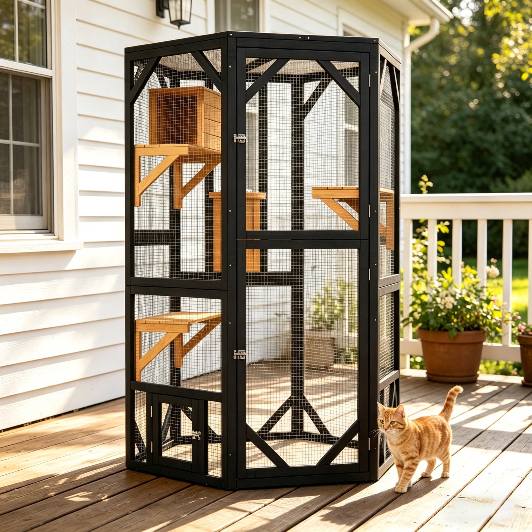 70" Catio Outdoor Cat Enclosure,Large Cat House Walk-in Cat Cage with Waterproof Cover for Multi Cats, Black with Yellow
