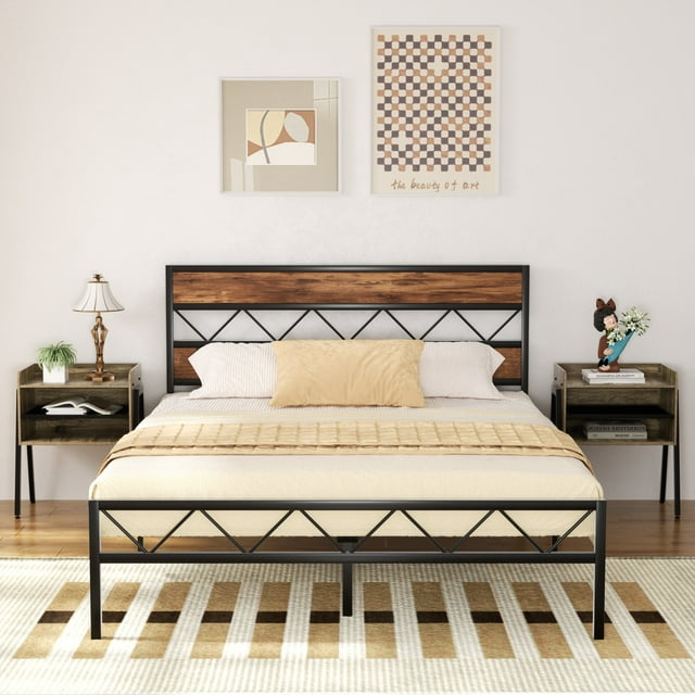 VECELO 3Piece Bedroom Sets, Queen Size Metal Bed Frame and 2 Gray Nightstands