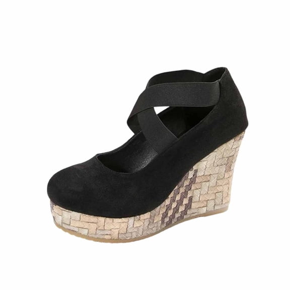 Black Ladies Round Toe Wedge Sandals Women'S Closed Toe Crisscross Elastic Strap Casual Comfortable Plus Size Summer