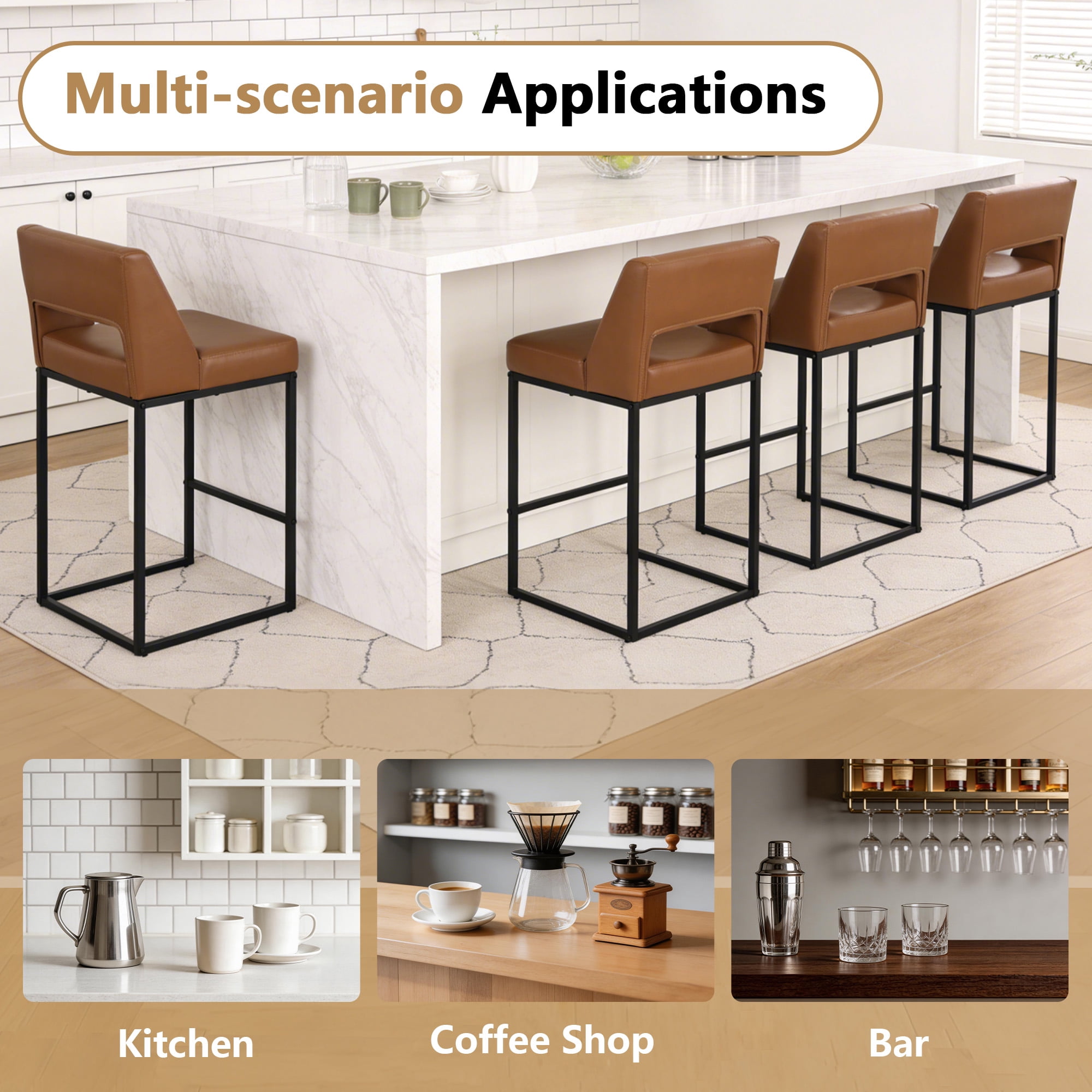 ClinQ Counter Height Bar Stools Set of 2, Hollow Back Kitchen Island Barstools, Upholstered Faux Leather Counter Stools with Metal Frame, Brown