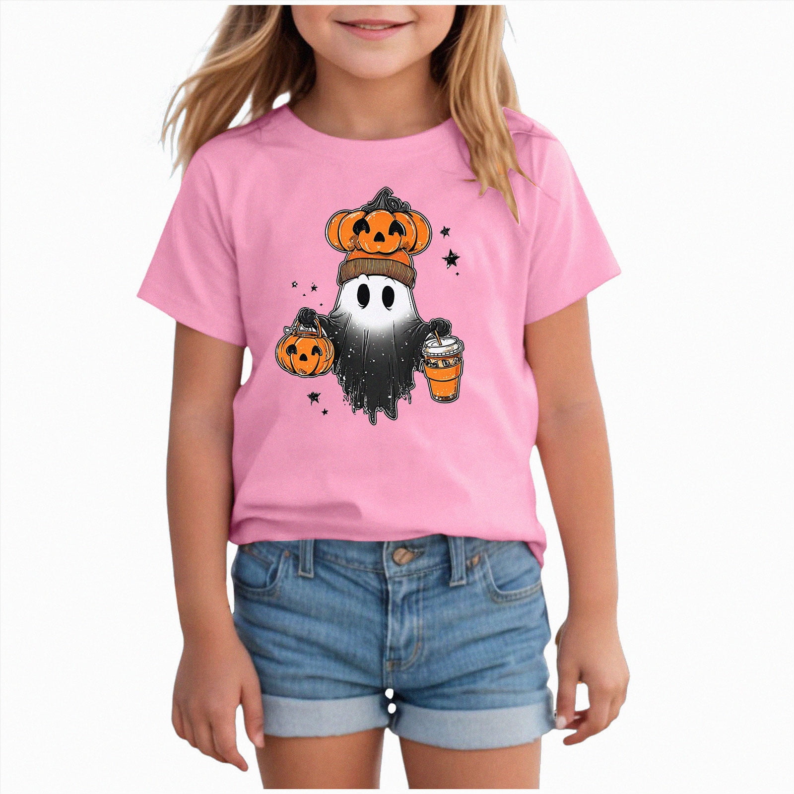 larppty Halloween Outfit Toddler Boy Girl Pumpkin Ghost T-Shirt Kids Ghost Graphic Shirt Spooky Season Pullover Fall Tops (Pink 2-3 Years)