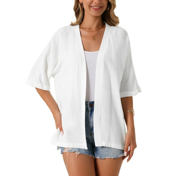 INSPIRE CHIC Women's Summer Collarless Linen Half Sleeve Open Front Loose Casual Cardigan S White