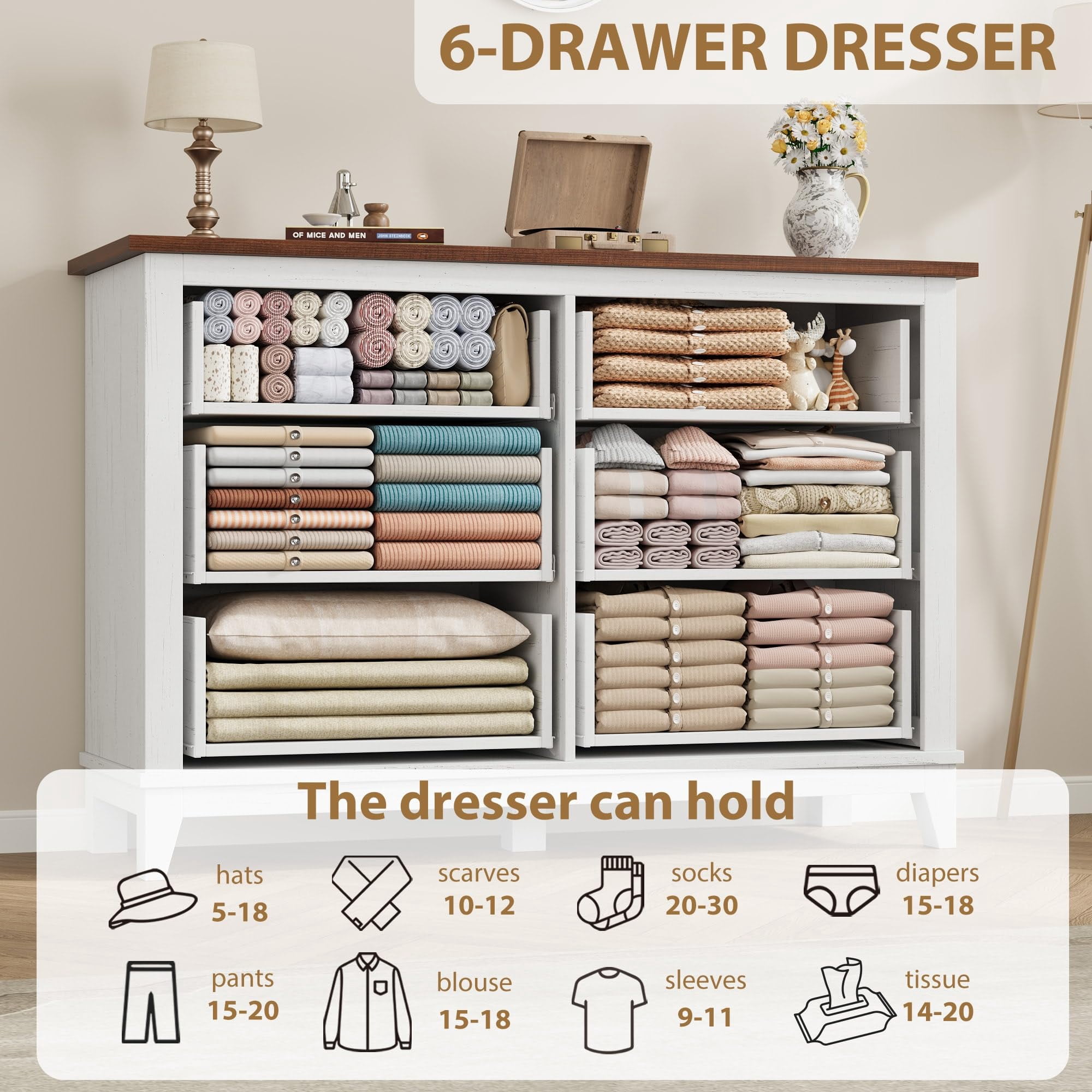 Towallmark 47" Wide Dressers for Bedroom 6 Drawers Wooden Dresser Storage Chest of Drawers for Living Room,Entryway,Brown & White