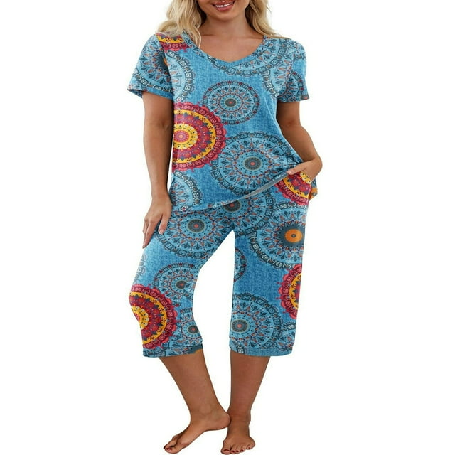 Pyjama en Coton pour Femmes, Ensemble Pjs à Manches Courtes, Haut de Nuit avec Pantalon Capri, Ensembles de Détente, Tenue de Nuit