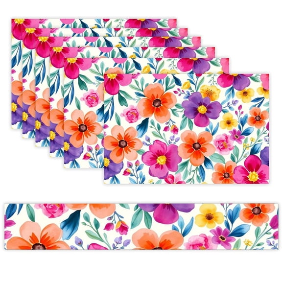 7 Piece Linen Table Runner and Placemats Set, Watercolor Floral Pattern Round Corner Heat Resistant Washable Table Mats for Home Kitchen Dining Party Decoration