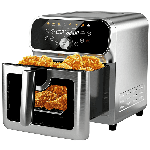 WHALL Stainless Steel 6QT Air Fryer with Visual Window, 8 Preset Menus & 360° Rapid Air Circulation for Healthy Oil-Less Cooking