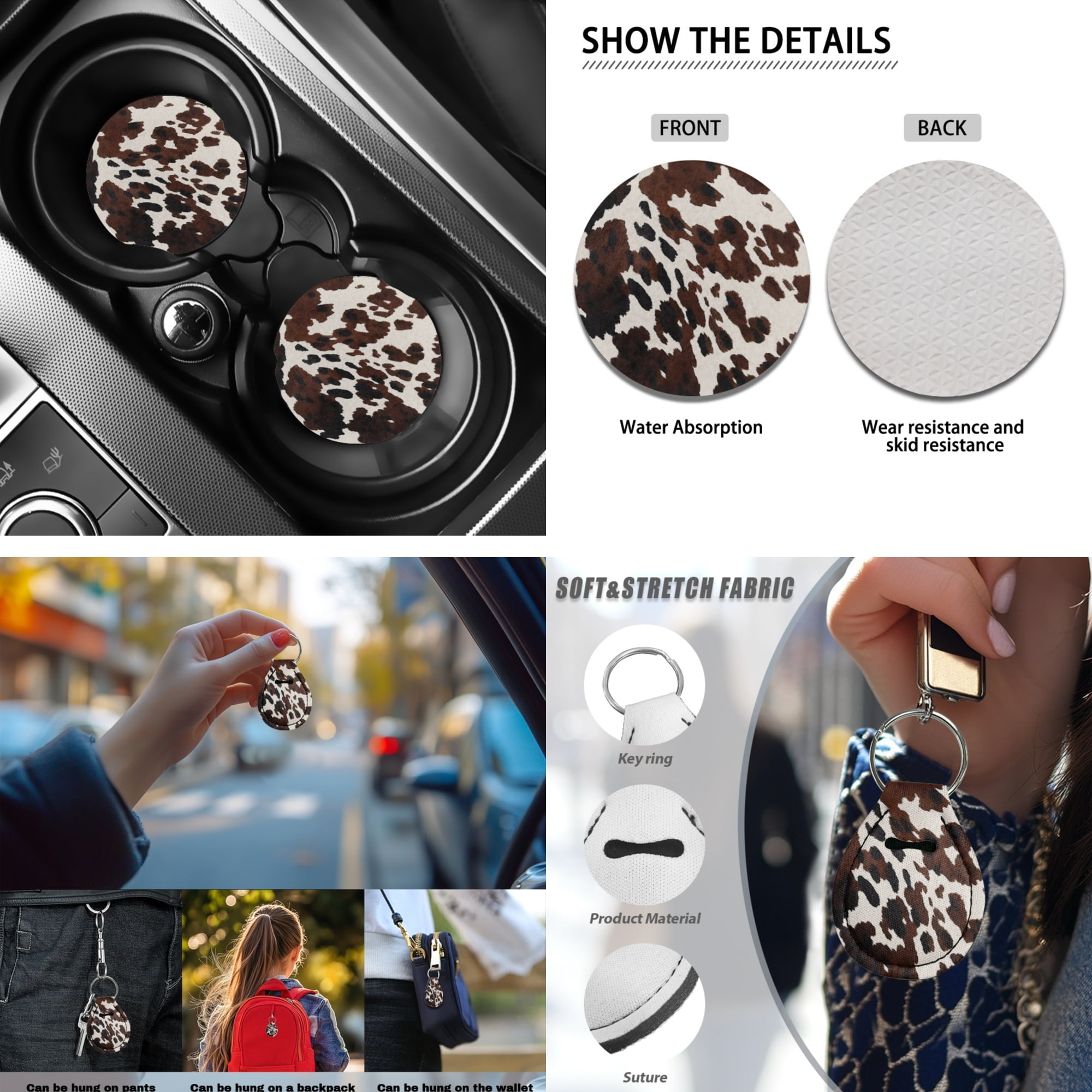 Jeiento Brown Cow Print 13 PCS Car Seat Cover Full Set with Auto Steering Wheel Cover Seat Belt Strap Pads Cup Coasters Armrest Pad Keychains Chapstick Holder Universal Fit Easy Install