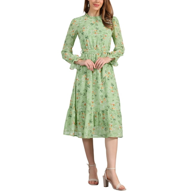 Vestido de mujer Inspire Chic con cuello simulado, flores, volantes, mangas largas, fluido, de gasa, corte A, midi, verde, talla M